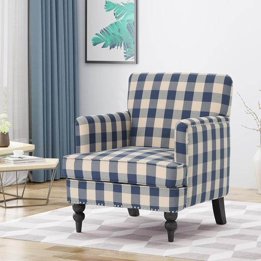 Luxurious Upholstered Blue Checkerboard Club Chair