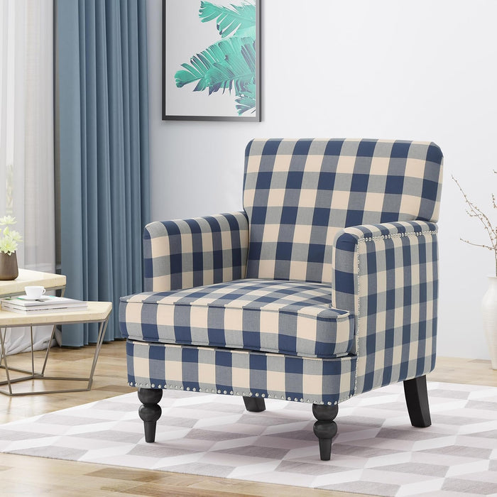Luxurious Upholstered Blue Checkerboard Club Chair