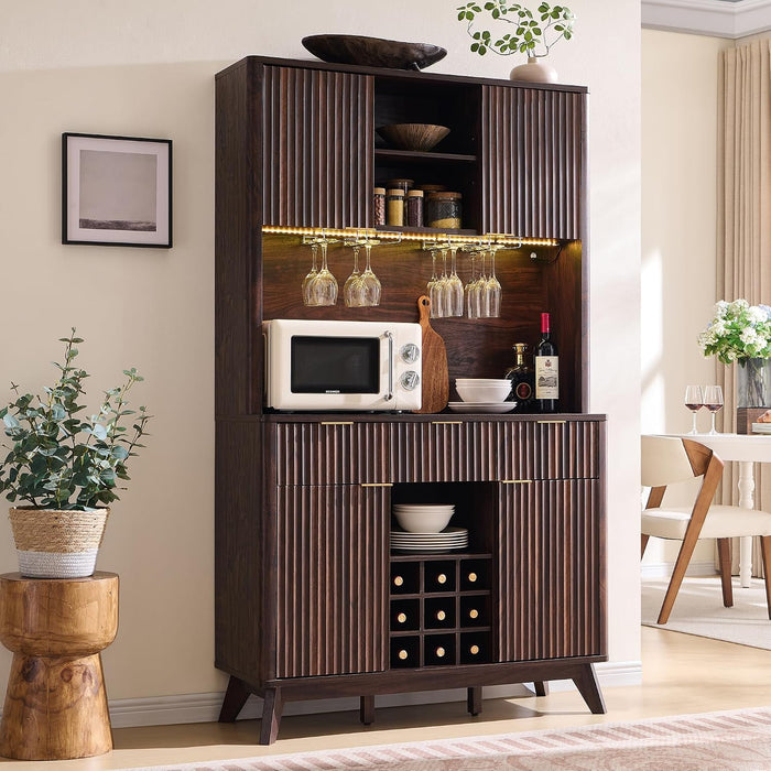 72 Inch WalnutFinish Wine Cabinet Illuminating Display