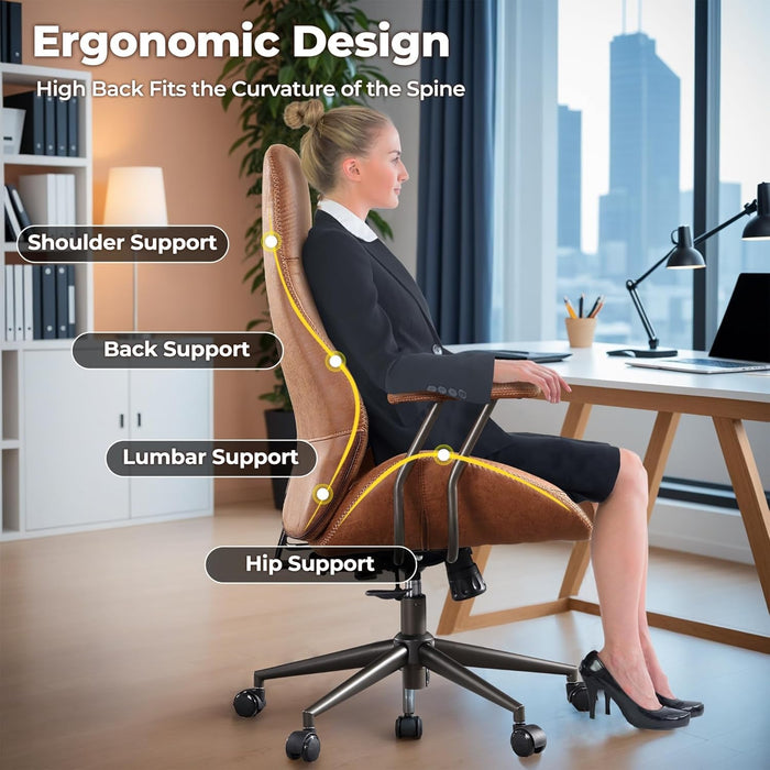 Ergonomic Home Office Chair, Mid-Century Modern Leather Chair with Lumbar Support, High Back Swivel Rolling Executive Chair, Comfy Task Computer Desk Chair (Brown, Suede Leather)