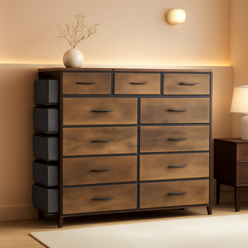 Dresser for Bedroom with 11 Drawer, Dressers & Chests of Drawers with Side Pockets, Hooks, Fabric Storage Drawer, Steel Frame, Wood Top, Organizer Unit and Pull Handle for Closet.