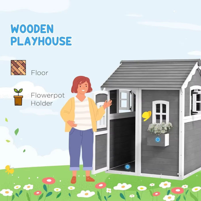 Playhouse for Kids, Outdoor Wooden Playhouse with Floor, Door, Windows & Planter Box for 3-8 Year Olds, Backyard, Lawn, Garden