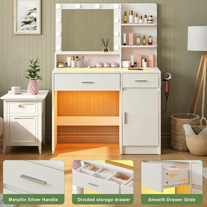 White Vanity Desk with Mirror & RGB Lights - Adjustable Brightness, Glass Top, Built-In Power Outlet, Multi-Storage Makeup Dressing Table for Bedroom