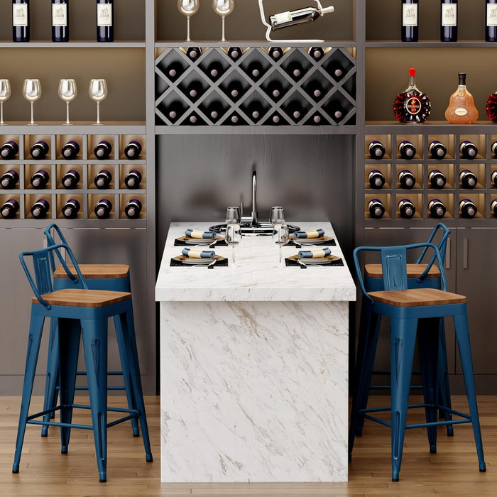 24" Metal Bar Stools Set of 4 Counter Height Barstools, Industrial Counter Stool Kitchen Bar Chairs with Modern Wooden Seat, Distressed Navy