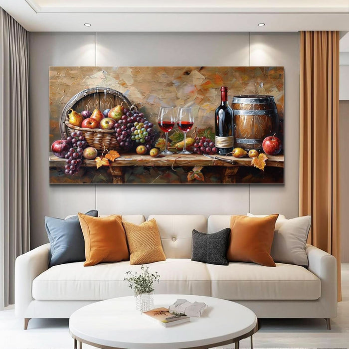Kitchen Wall Art Grape Barrel Painting Red Wine Glass Fruit Artwork Prints for Dinning Room Bar Canvas Wall Decor for Living Room Food Still Life Abstract Picture Home Decoration 20X40In