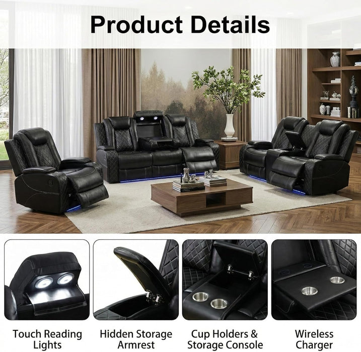 3-Piece Power Reclining Sectional Sofa Set with LED Lights,Air Leather Recliner Couch with USB Power Port,Storage Console/Cup Holder,Recliner Sofa Set for Living Room Furniture,Black