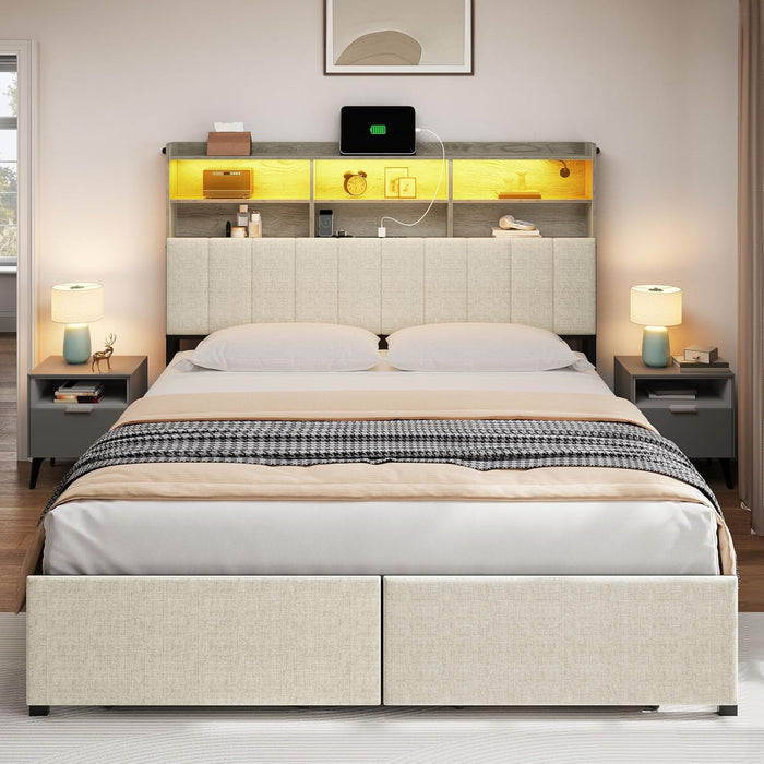 Queen Bed Frame with 2-Tier Storage Shelves and Bookcase Headboard,Led Light Queen Size Bed with Charging Station, No Box Spring Needed/Noise Free, Beige