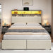Queen Bed Frame with 2-Tier Storage Shelves and Bookcase Headboard,Led Light Queen Size Bed with Charging Station, No Box Spring Needed/Noise Free, Beige