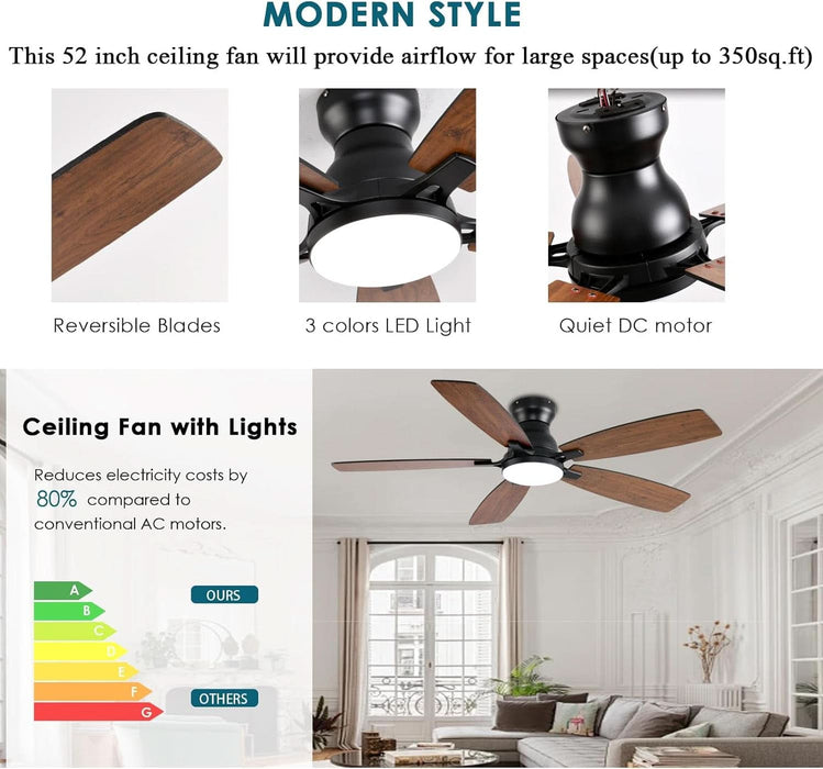 Ceiling Fans with Lights, 52 Inch Low Profile Ceiling Fan with Light and Remote Control, Flush Mount, DC Reversible Motor, Noiseless, Brown 6 Speeds Ceiling Fan for Bedroom