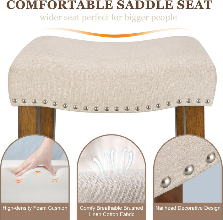 26 Inch Solid Wood Saddle Backless Bar Stools Set of 3, Beige | Counter Height Barstools with Footrest & Nailhead Trim, Modern Farmhouse Upholstered Linen Counter Stools for Kitchen Island