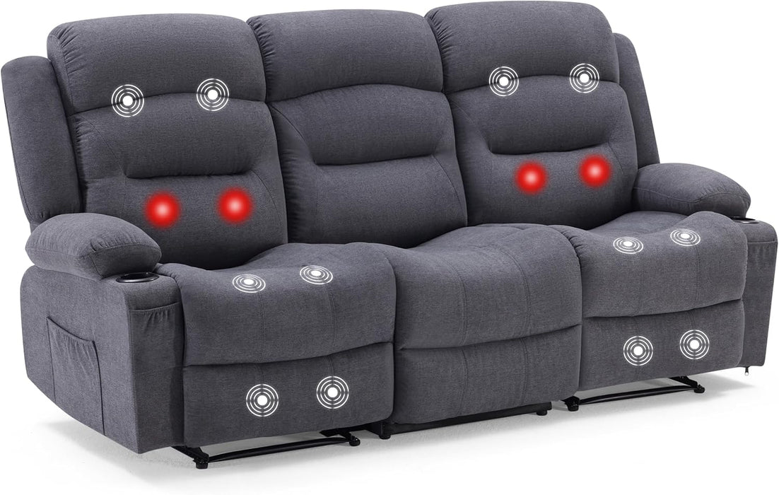 Oversized Recliner Sofa with Heat and Massage, Big Large 3-Seater RV Recliner Couch Sofa for Living Room, Wall-Hugger Reclining Sofa with Cup Holders and USB Port (Fabric, Grey)
