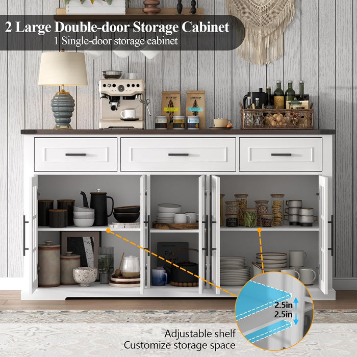 63" Sideboard Buffet Cabinet with Glass Doors, Farmhouse Large Buffet Table with 3 Storage Drawers, Modern Coffee Bar Wine Bar Cabinet with Adjustable Shelves for Kitchen, Dining Room, White