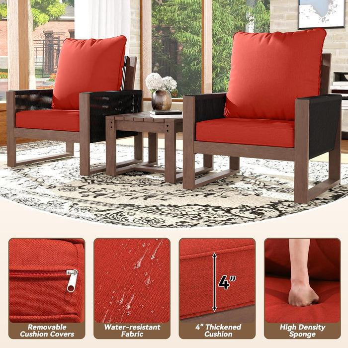 Patio Chairs 3 Piece Wood Patio Furniture with Coffee Table & Cushions, PE Wicker Outdoor Conversation Set Balcony Chairs for Garden, Porch, Deck, Backyard