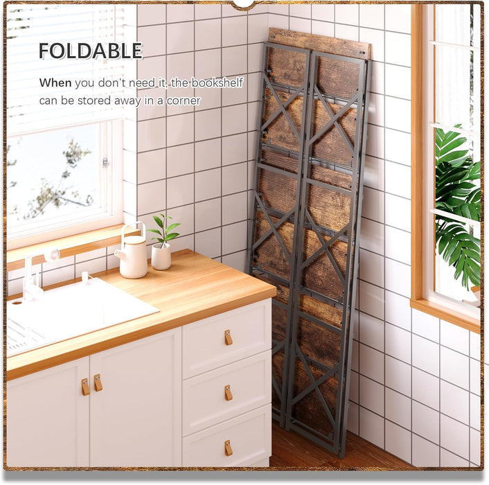 Six Tier Foldable Brown Bookcase Industrial Finish
