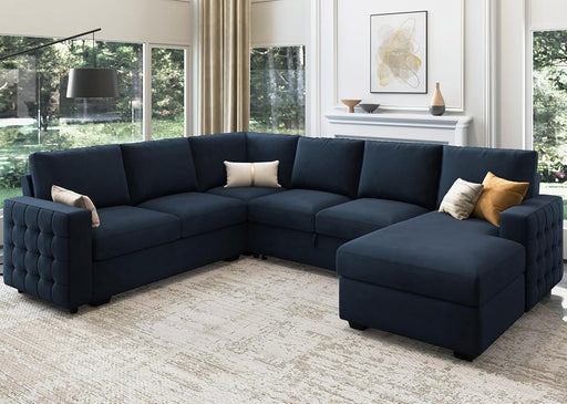 Sleeper Sectional Sofa with Pull Out Bed U Shaped Sectional Couch with Storage Chaise Velvet Sectional Sleeper Sofa Bed for Living Room, Dark Blue