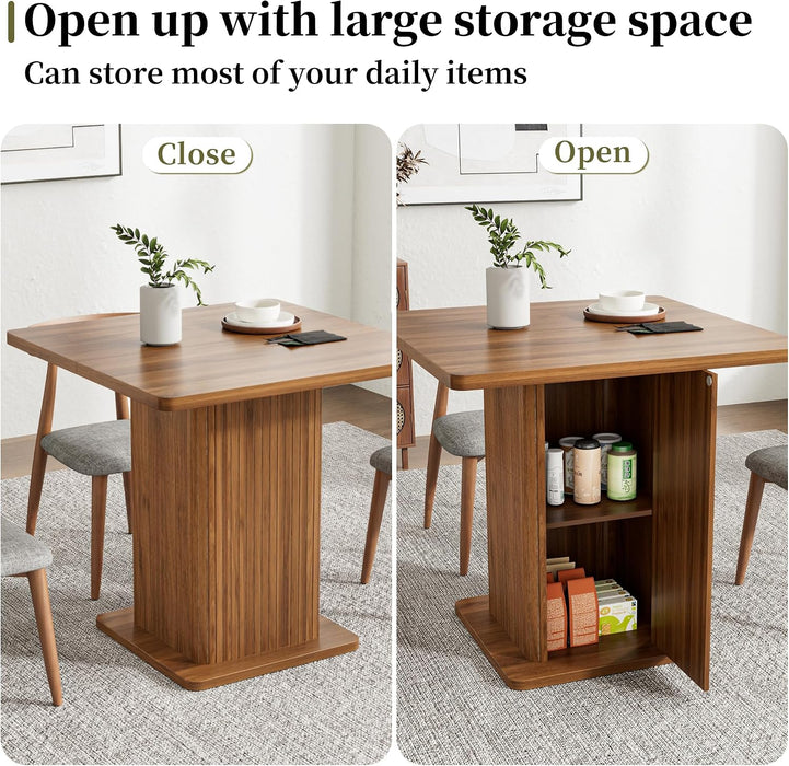 Small Square Dining Table for 2-4, 31.5 Inch Farmhouse Kitchen Table with 2-Tier Storage Shelf, Modern Wood Dinner Furniture with Fluted Doors, Dining Room, Living Room, Space Saving, Walnut