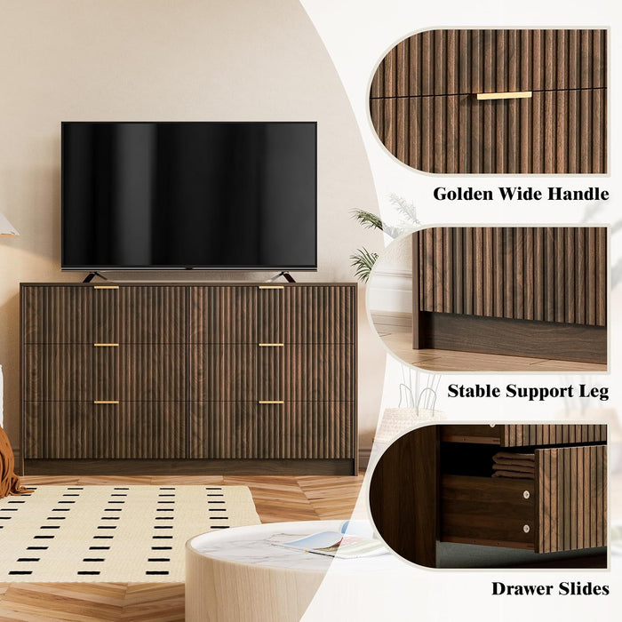 Walnut Dresser for Bedroom, Modern Dresser with 6 Drawers and Smooth Slides, Wide Chest of Drawers with Golden Handles for Bedroom, Living Room, Closet, 15.7" D X 55.1" W X 31.4" H