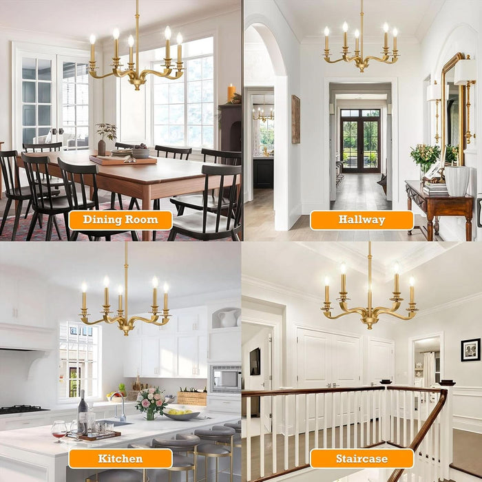 Gold Chandeliers for Dining Room, 25.5 Inch Vintage Gold Chandelier Light Fixture over Table, Farmhouse Candle Chandeliers, 5-Light Brass Chandeliers for Kitchen, Bedroom, Living Room (E12 Base)