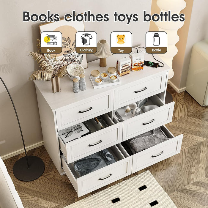 Dresser for Bedroom, 6 Drawer Wide Dresser Organizer with Charging Station for Hallway with Metal Handles, Woodgrain White