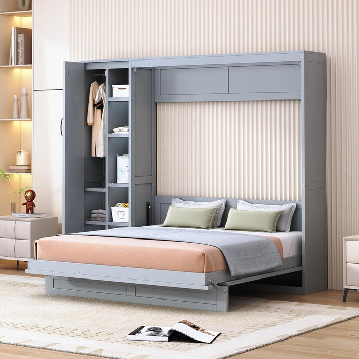 Queen Size Murphy Bed Wall Bed with Shelves, Drawers and LED Lights,Gray