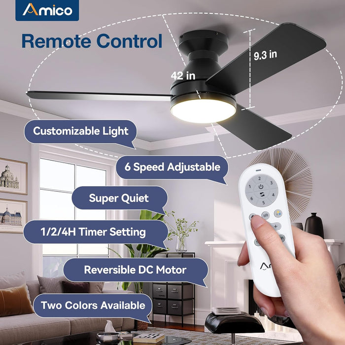 Ceiling Fans with Lights, 42 Inch Low Profile Ceiling Fan with Light and Remote Control, Flush Mount, Reversible, 3CCT, Dimmable, Noiseless, Black Ceiling Fan for Bedroom, Indoor/Outdoor Use