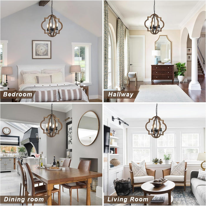Wood Chandelier Farmhouse FourLight Rustic Brown 15In