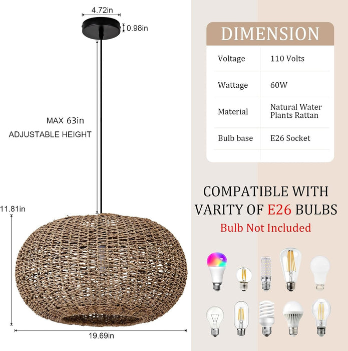 19.7In Rattan Light Coastal Pendant Lights Brown Wicker Chandelier