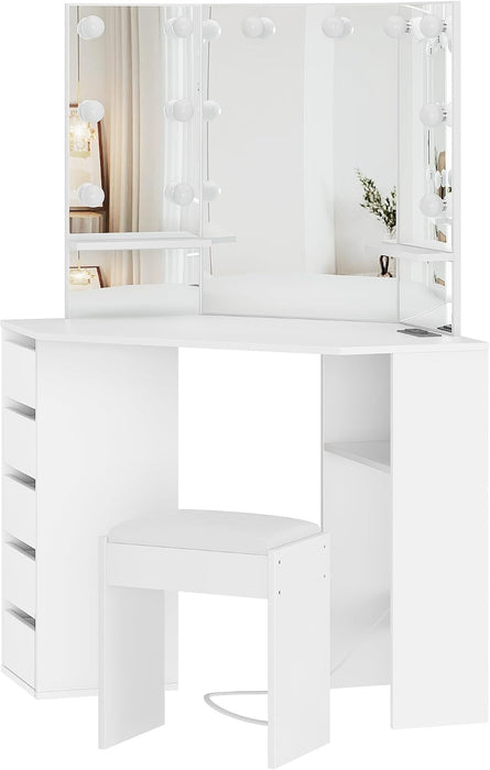 Corner Vanity Desk With Illuminated Folding Mirrors