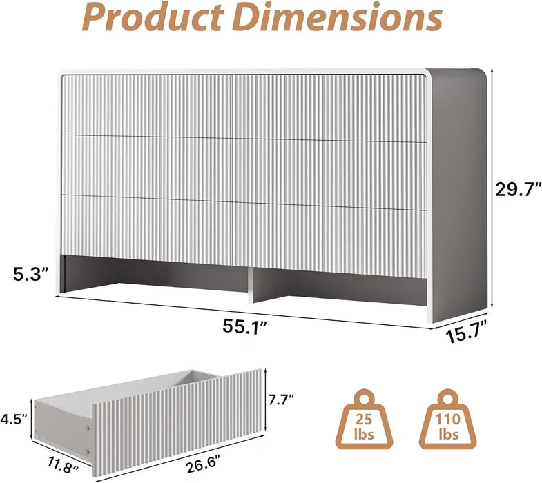 55" Wide Modern Curved 6 Drawer Dresser，White