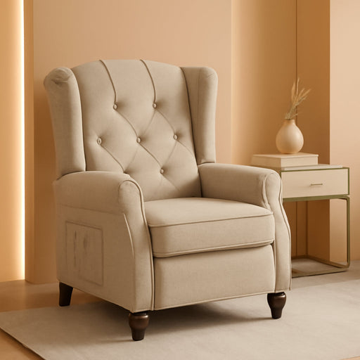 Wingback Recliner Chair with Massage and Heat, Tufted Fabric Push Back Recliner Chair for Living Room, Vintage Recliner Chair with Remote Control, Padded Cushion, Backrest, Wooden Legs