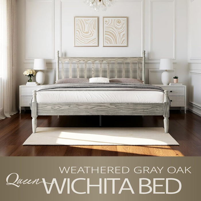 Queen Size Bed Frame, Solid Wood Platform Bed with Headboard & Footboard, Central Metal Legs, 12 Sturdy Slatted Base, Anti-Noise & Slip-Free, No Box Spring Needed, Weathered Gray Oak Finish WCQ-34