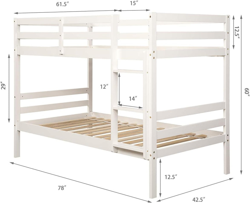 Twin over Twin Bunk Beds, Wood Convertible Two Beds, Solid Rubberwood Bunk Bed with 1 Pcs Built-In Ladder and Safety Rails, No Box Spring Needed, Space Saving Bed Frame for Bedroom (White)