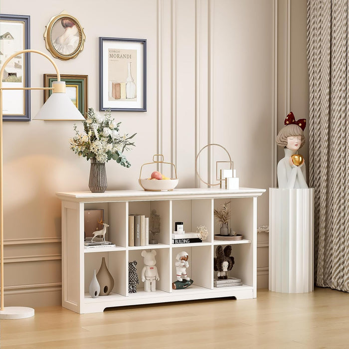 Cube Shelf Bookcase with Base - Wooden 2 Tiers Floor Standing Low Storage Cabinet for Home and Office, 8-Cube Lattice Bookshelf, Warm White