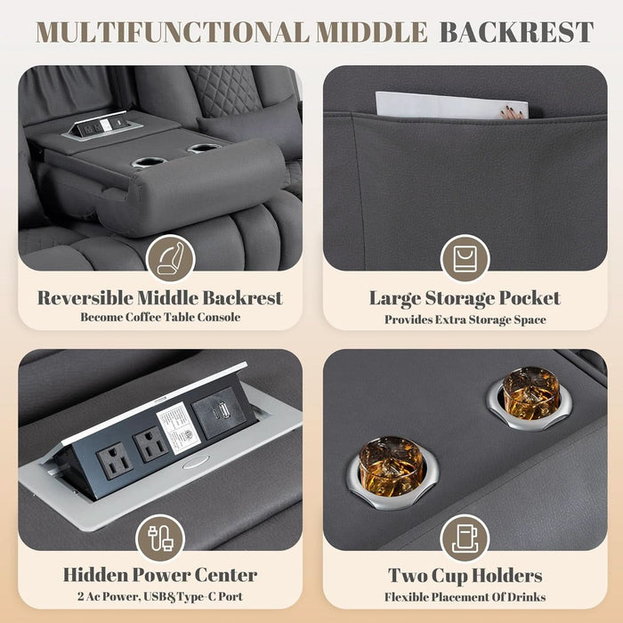 Zero Wall Hugger Power Reclining Sofa with Adjustable Headrest, Electric Reclining Couch with Drop-Down Table,Outlets, Power Loveseat Recliner Sofa for Living Room (Gray, 3 Seat)