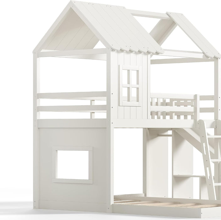 NaturalPineDurable TwinOverFull BunkBed WithSlide StorageChest Playhouse Framework