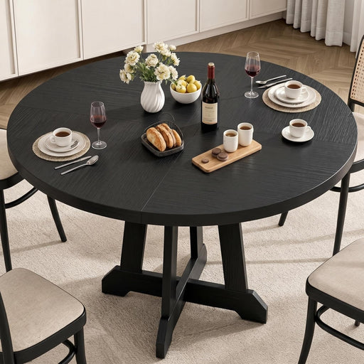 round Dining Table for 4, 47 Inches Dining Room Table with Wooden Base, Kitchen Table with Circle Tabletop, Dinner Table for Dining Room, Kitchen, Living Room, Black