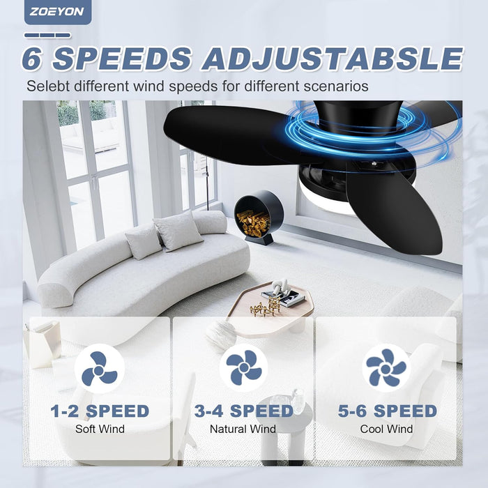 Small Ceiling Fan with Light - 26 Inch Flush Mount Ceiling Fan with Lights and Remote, Low Profile Ceiling Fans with 3 Reversible Blades, 6 Wind Speeds, Black Ceiling Fans for Bedroom