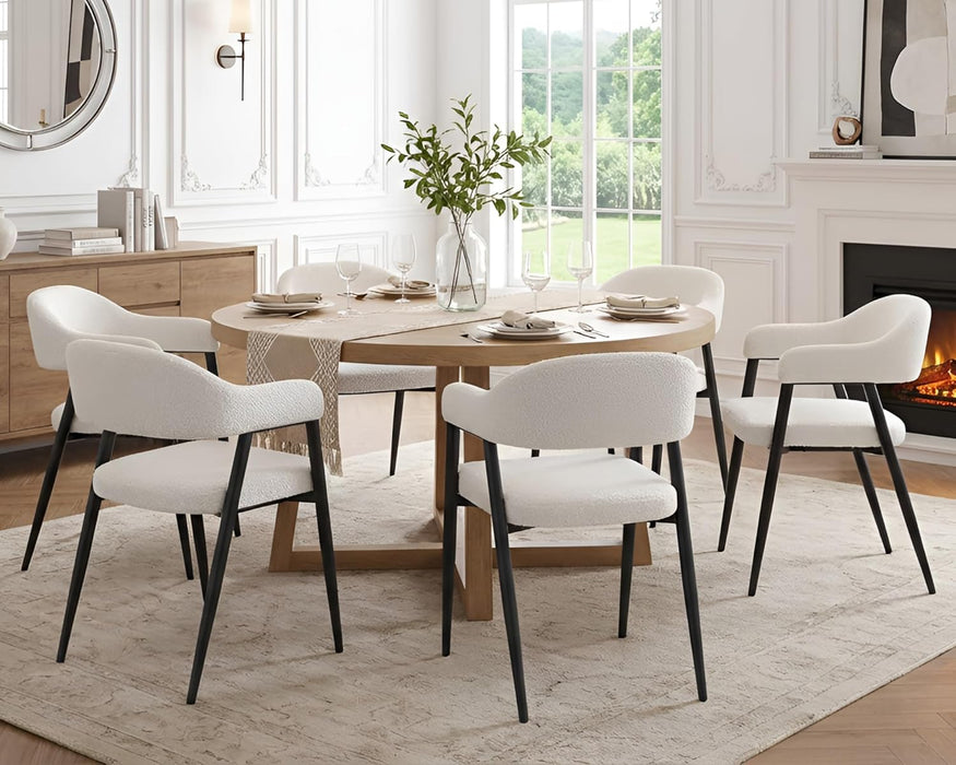 Modern Dining Room Arm Chairs Set of 4, Faux Sherpa Boucle Upholstered Barrel Dining Chairs with Arms Mid-Century White Accent Chair with Metal Legs, Open-Back Kitchen Side Chair for Living Room