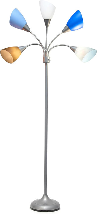 LF2006-SBG 67" Contemporary Multi Head Medusa 5 Light Adjustable Gooseneck Silver Floor Lamp with Blue, White, Gray Shades for Kids Bedroom Playroom Living Room Office
