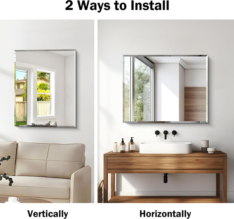 Beveled Mirror, 24X30 Frameless Beveled Bathroom Mirrors for Wall, 3Mm Tempered Glass Rectangle Vanity Mirror with Beveled Edge, Crystal-Clear, Hangs Horizontally or Vertically