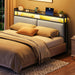 King Size Upholstered Headboard, Storage Headboard with Charging Station and Adjustable LED Lights, 2 Standard Outlets and 2 USB Ports, King Headboard Only, Easy Assembly, Black and Gray