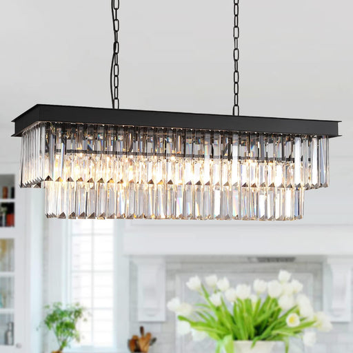 Crystal Chandelier for Dining Room,Rectangular Black Chandelier Modern Rectangle Pendant Light Fixtures for Kitchen Island L33” K9 Contemporary Long Chandelier