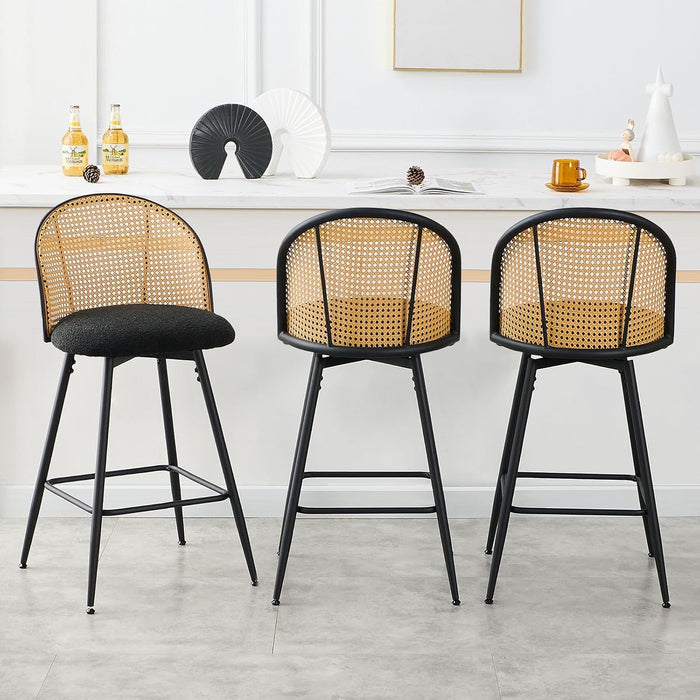 Swivel Counter Height Bar Stools Set of 3, Mid Century Modern 26" Bar Chairs with Rattan Back & Metal Legs, Upholstered Boucle Fabric Barstools Island Stools for Kitchen Counter Home Bar,Black