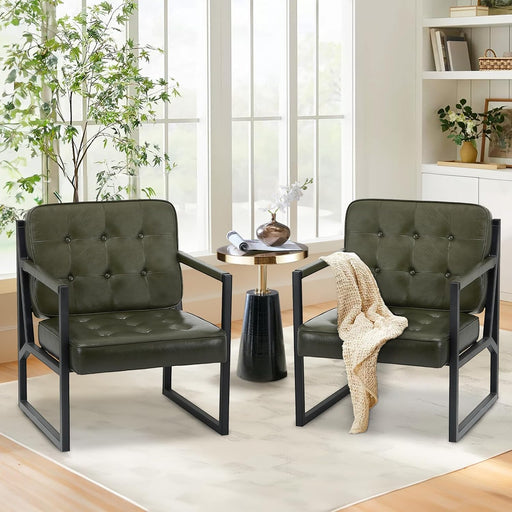 Green Full Grain Leather Upholstered Accent Armchairs