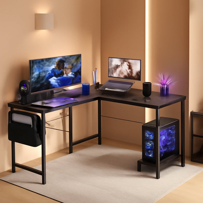 L Shaped Computer Desk - Gaming Table Corner Desk 50 Inch PC Writing Black Desk Study Desks with Wooden Desktop CPU Stand Side Bag Reversible for Home Office Dorm Small Space