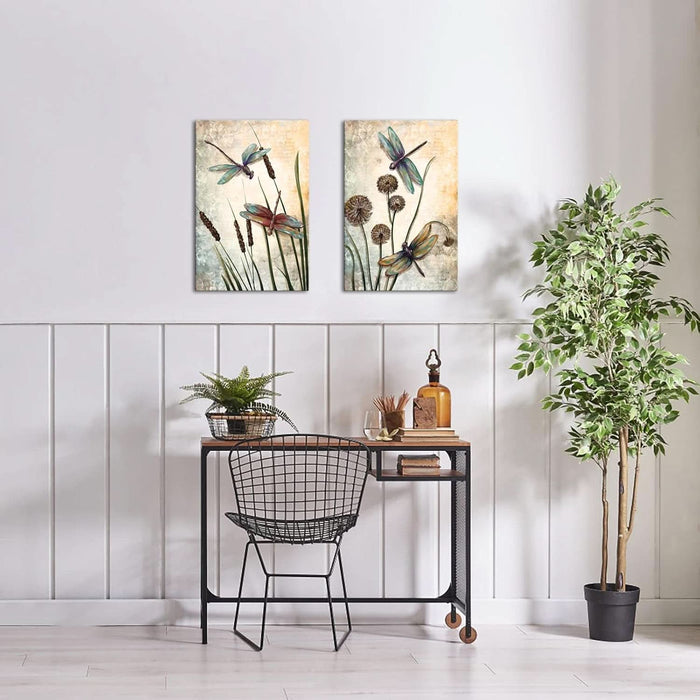 Dragonfly Wall Art Vintage Insect Painting Pictures Prints Beige Dandelion on Canvas Artwork