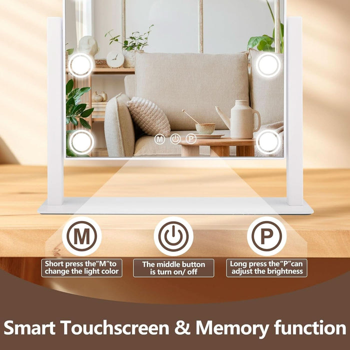 Lighted Makeup Mirror, 14"X 12" Hollywood Vanity Mirror with 9 LED Bulbs, 3 Color Lights, and Detachable 10X Magnification Mirror, 1200Mah Rechargeable, Touch Control, 360°Rotation (White)