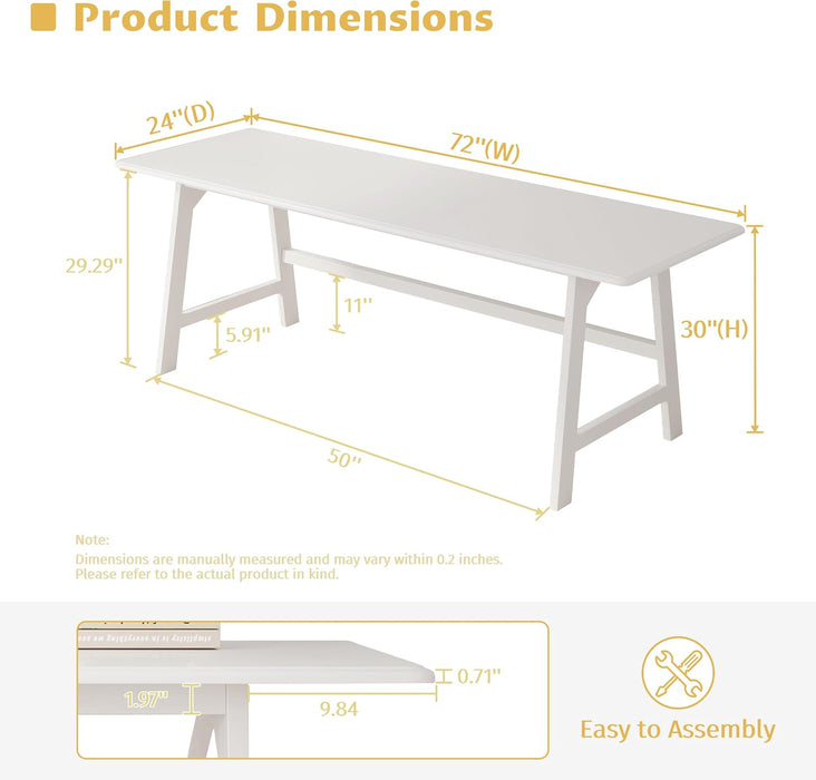 Solid Wood Writing Table - 72" W Minimalist Long Computer Desk, White