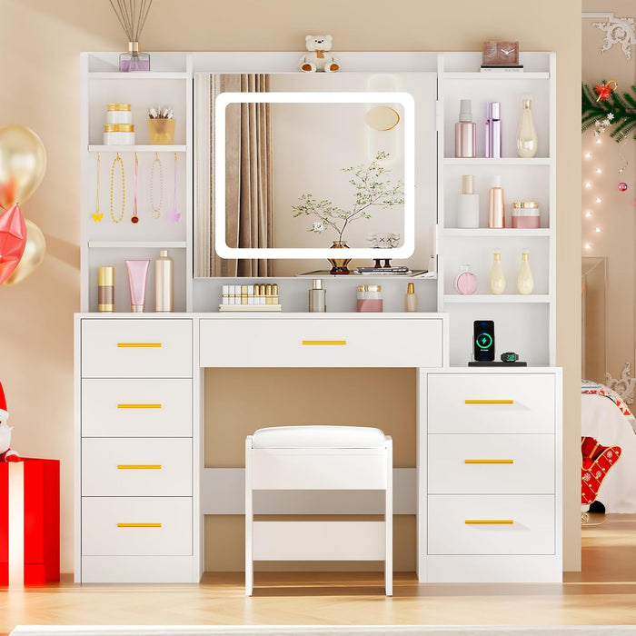 White Vanity Desk With Integrated Mirror Illumination