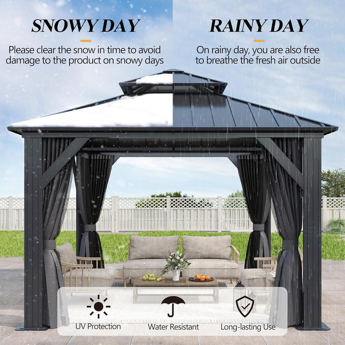 10'X10' Outdoor Hardtop Gazebo with Double Roof - Heavy-Duty Galvanized Steel Top Aluminum Frame Gazebo with Breathable Netting & Privacy Curtain for Patio, Porch, Garden, Lawn, Deck, Backyard